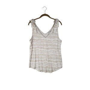 WHBM Bow Shoulder Tank Top White Tan Slub Jersey V-Neck Womens Size Medium